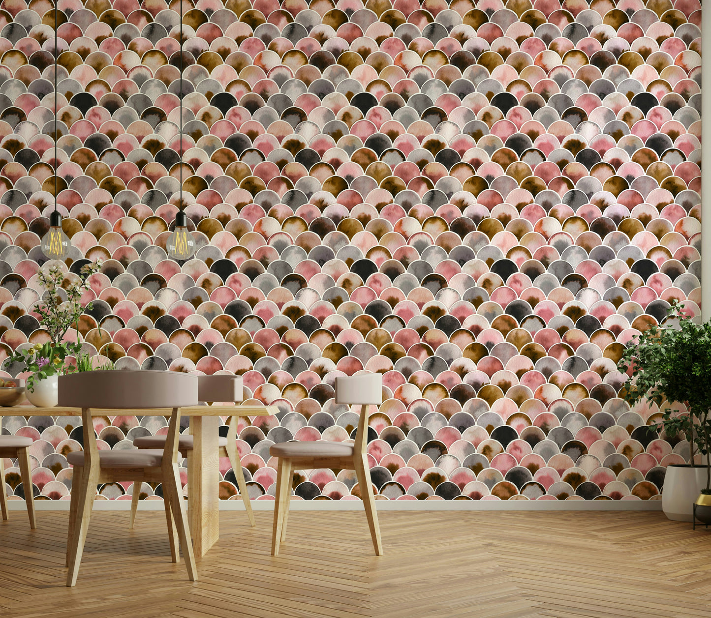 Soft pink wallpaper with gold geometric accents

