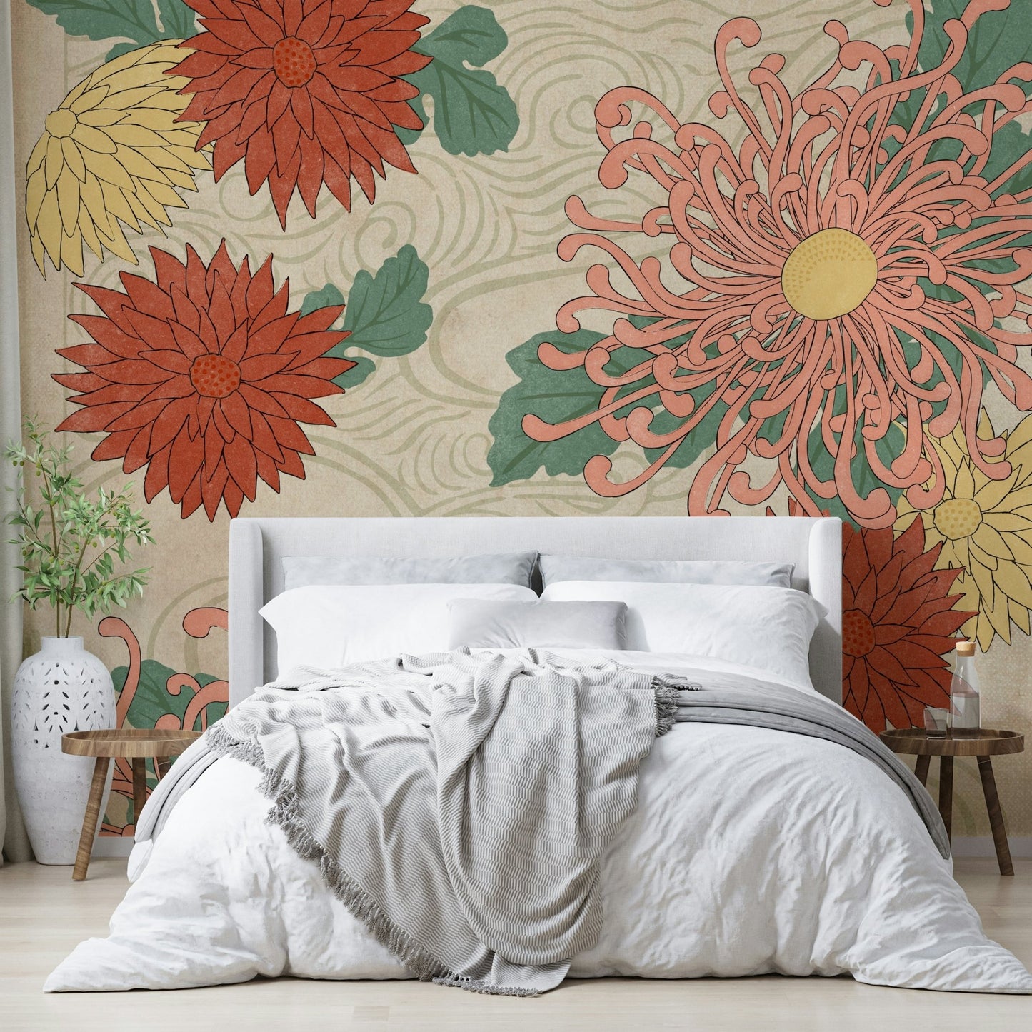 Japanese-inspired floral wallpaper in serene tones

