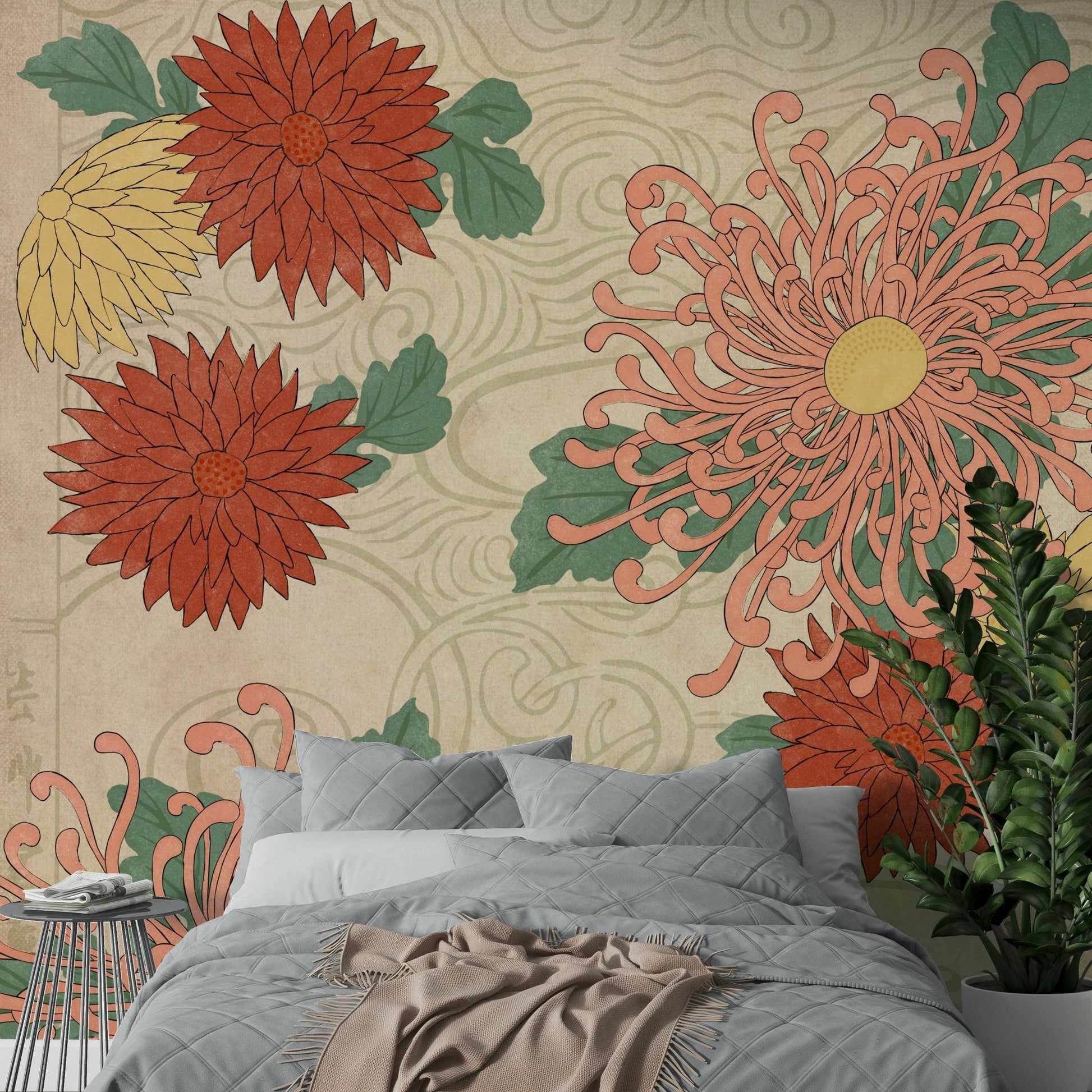 Bold chrysanthemum mural with cultural elegance

