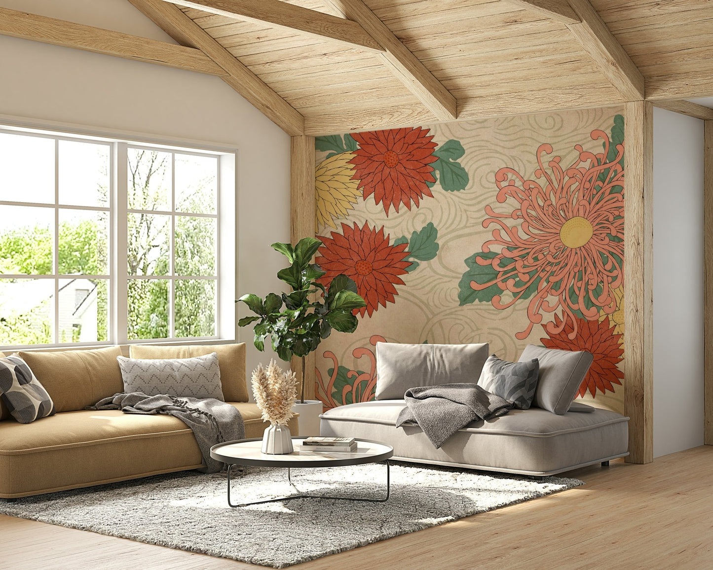 Japanese Chrysanthemum Wall Mural with floral detail


