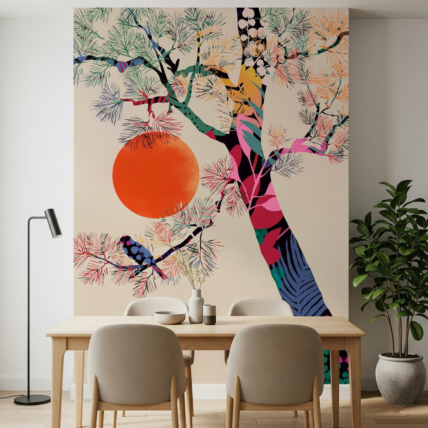 Japanese Summer wallpaper mural of a vivid tree and orange sun behind a wooden dining table and plant