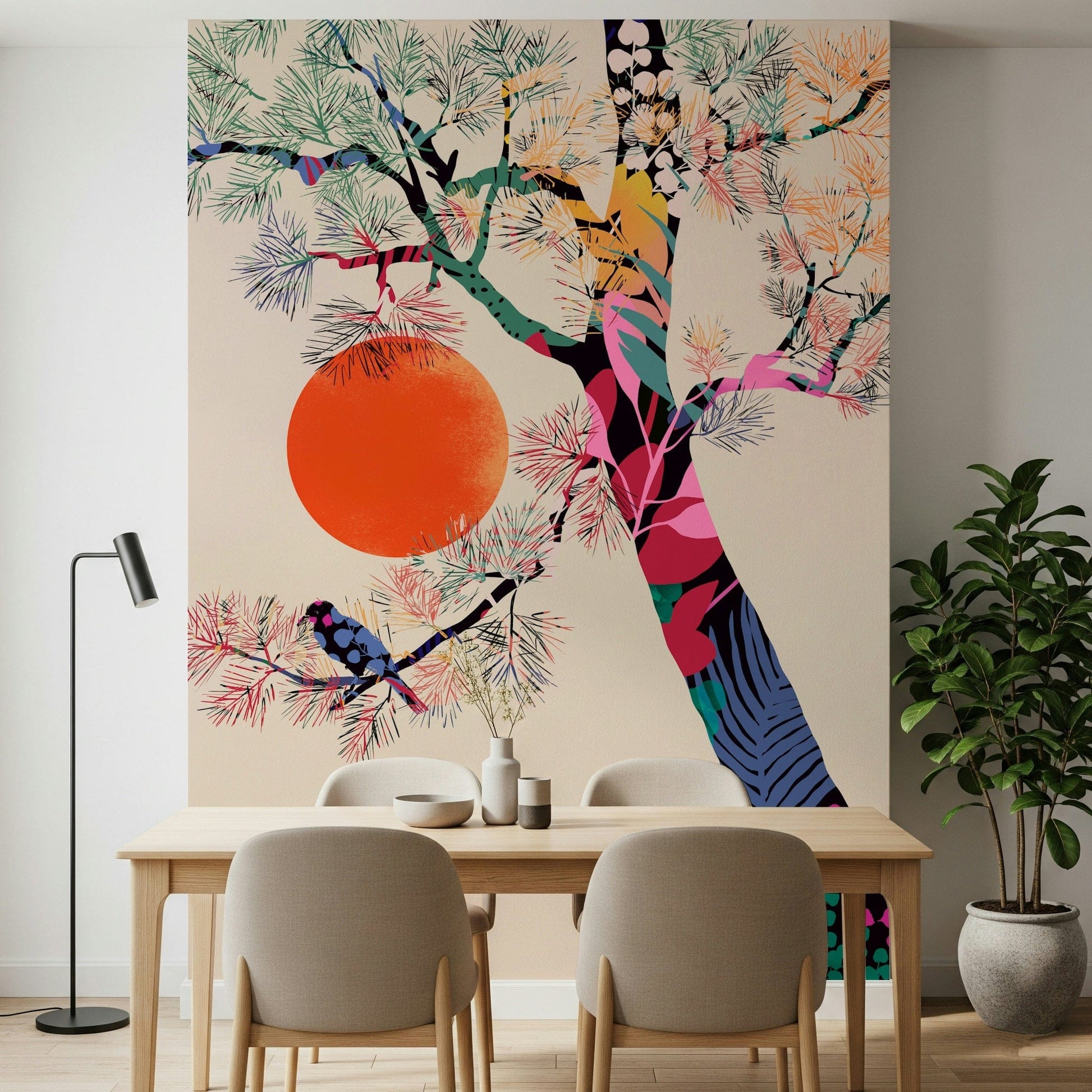 Japanese Summer wallpaper mural of a vivid tree and orange sun behind a wooden dining table and plant