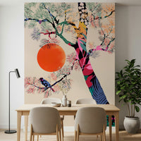 Japanese Summer wallpaper mural of a vivid tree and orange sun behind a wooden dining table and plant