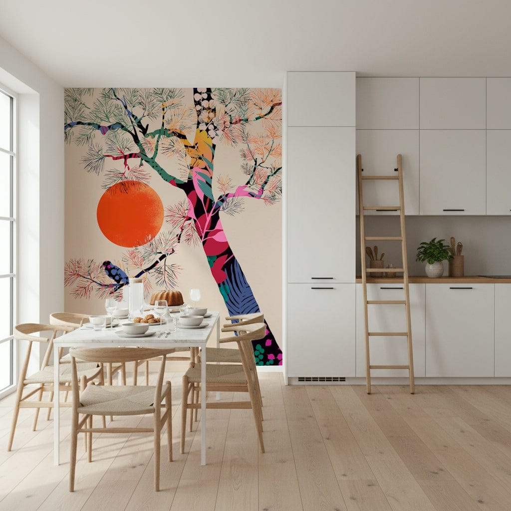 Japanese Summer wallpaper mural of tree and orange sun behind a white marble dining table and wishbone chairs