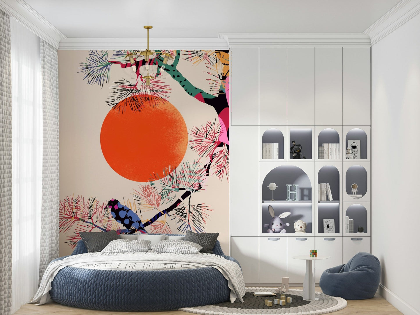 Japanese Summer wallpaper mural of tree and orange sun behind a round blue bed in a kids room with toys