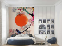 Japanese Summer wallpaper mural of tree and orange sun behind a round blue bed in a kids room with toys