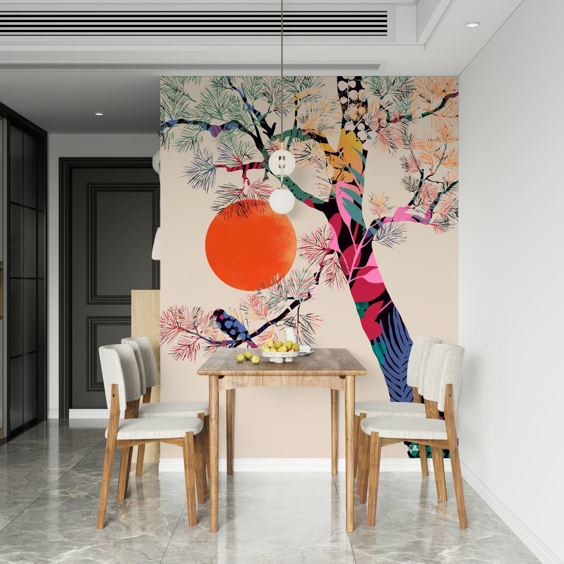 Japanese Summer wallpaper mural of tree and orange sun behind a wooden dining table with light chairs