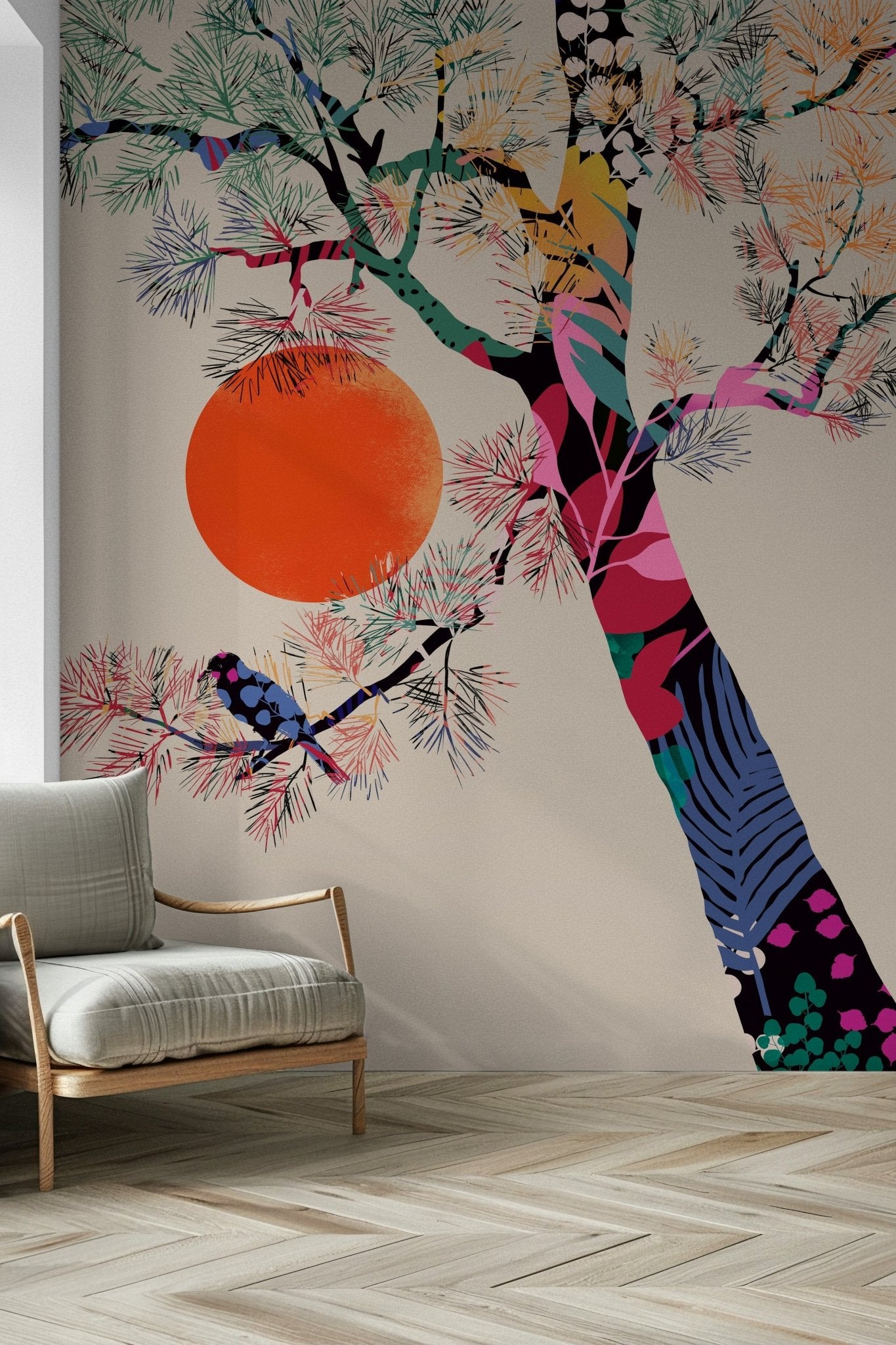 Japanese Summer wallpaper mural close-up of the colorful tree and orange sun beside a grey armchair