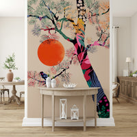 Japanese Summer wallpaper mural of tree and orange sun above a wooden console table in an entryway