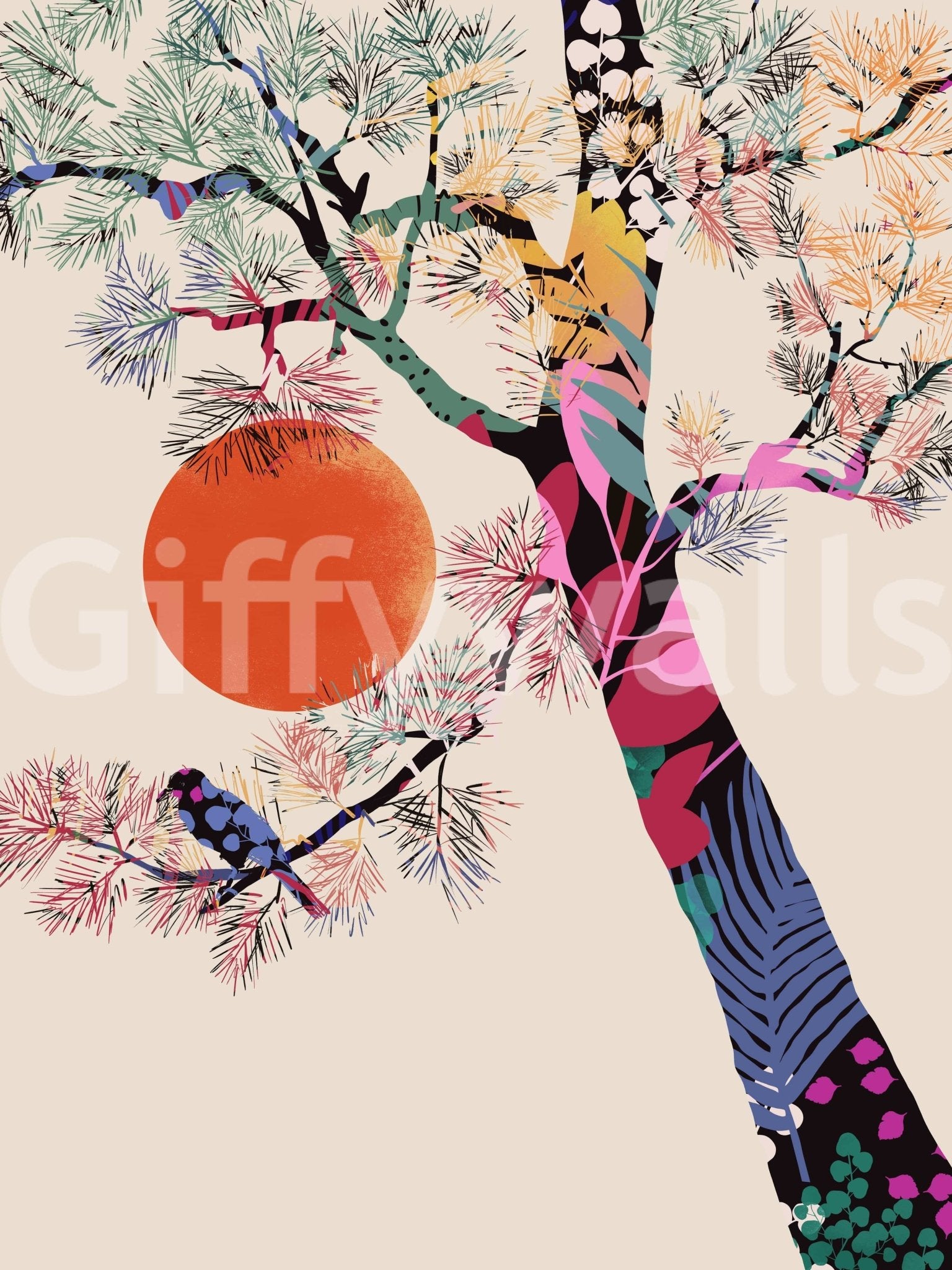 Japanese Summer wallpaper mural shown as a full-wall mural of a colorful pine tree, orange sun and a bird