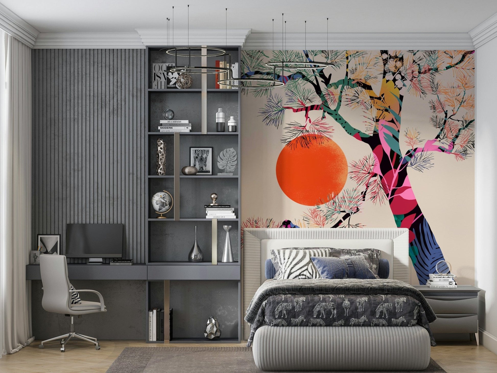 Japanese Summer wallpaper mural of tree and orange sun behind a grey bed with zebra-print bedding