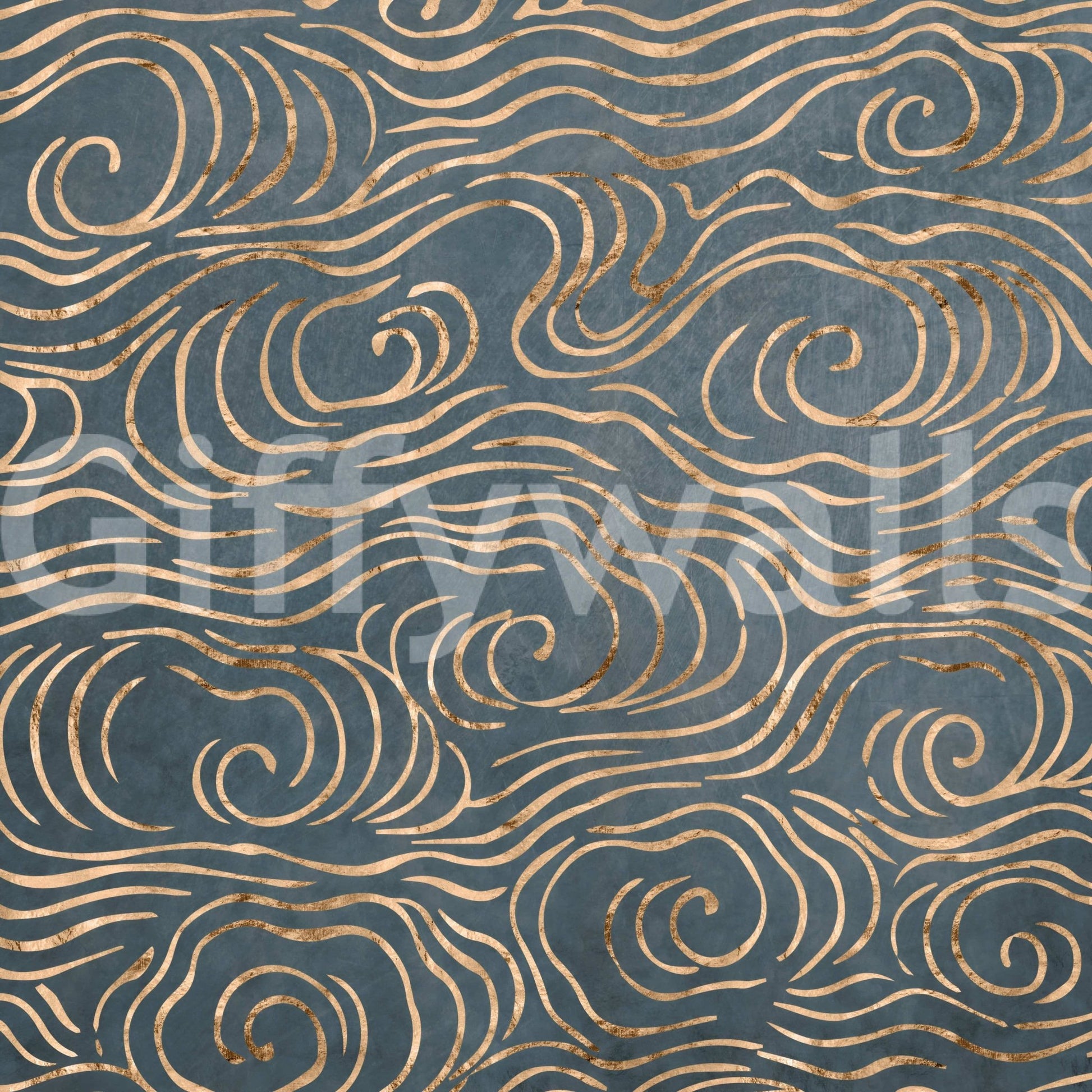 Japanese Waves Petrol and Gold wallpaper mural close-up showing the pattern detail of gold wave swirls on petrol blue