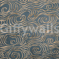 Japanese Waves Petrol and Gold wallpaper mural close-up showing the pattern detail of gold wave swirls on petrol blue