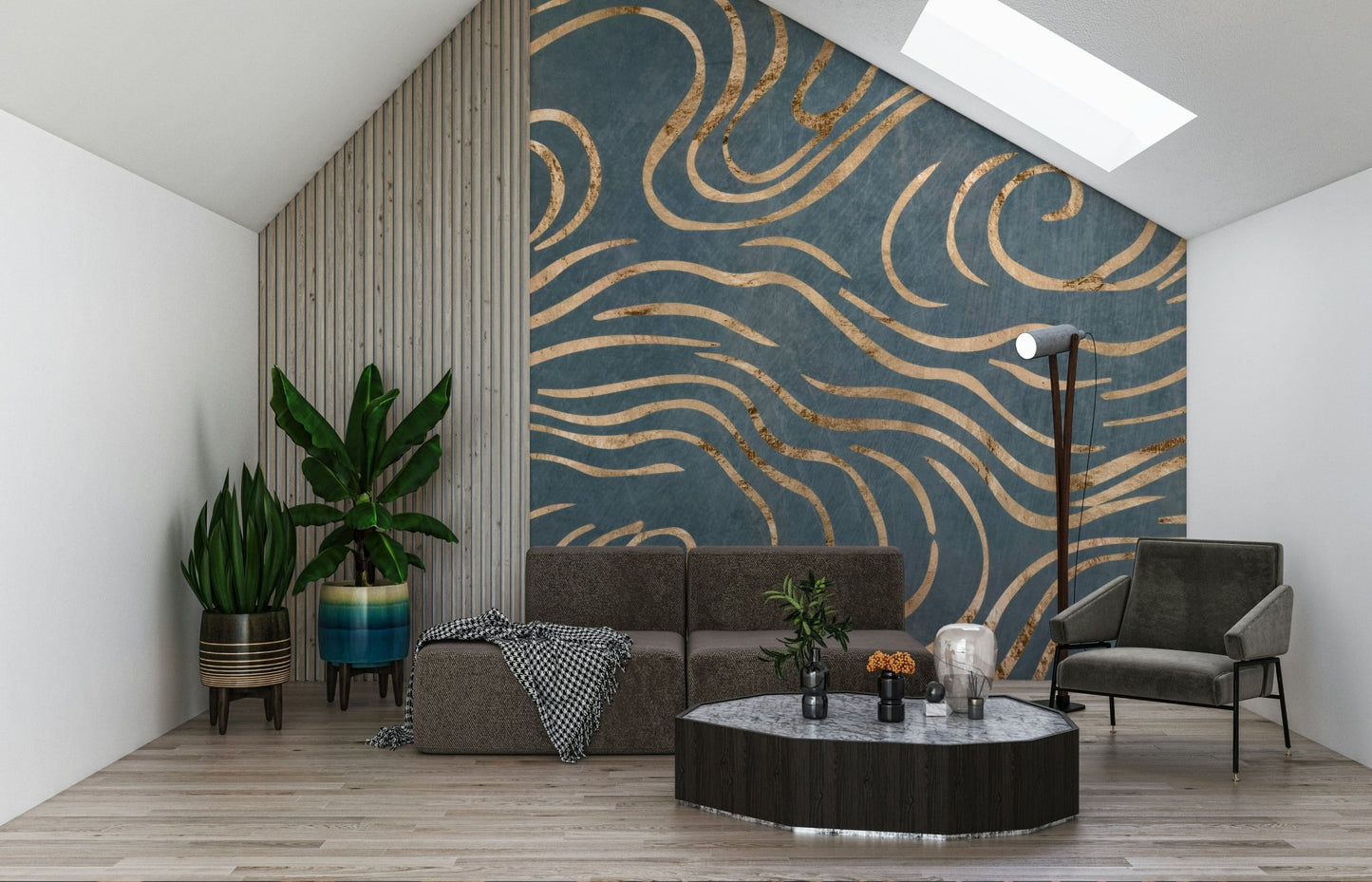 Japanese Waves Petrol and Gold wallpaper mural with swirling gold waves on petrol blue behind a grey sofa in a living room