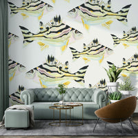 Vibrant and artistic fish design on a mural for a nature-filled atmosphere.

