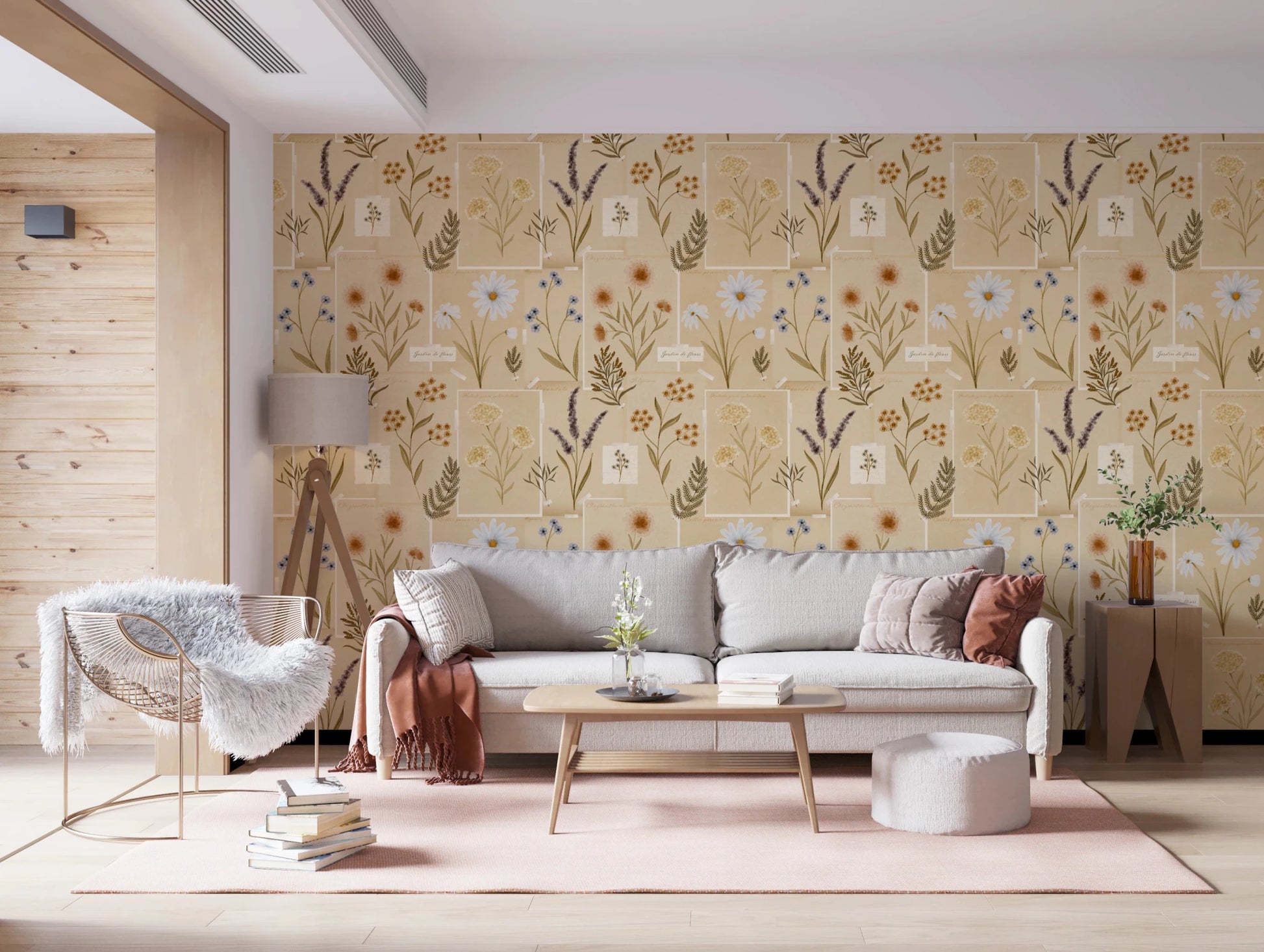 Hallway features Jardin des Fleurs collage muted wallpaper botanical pattern