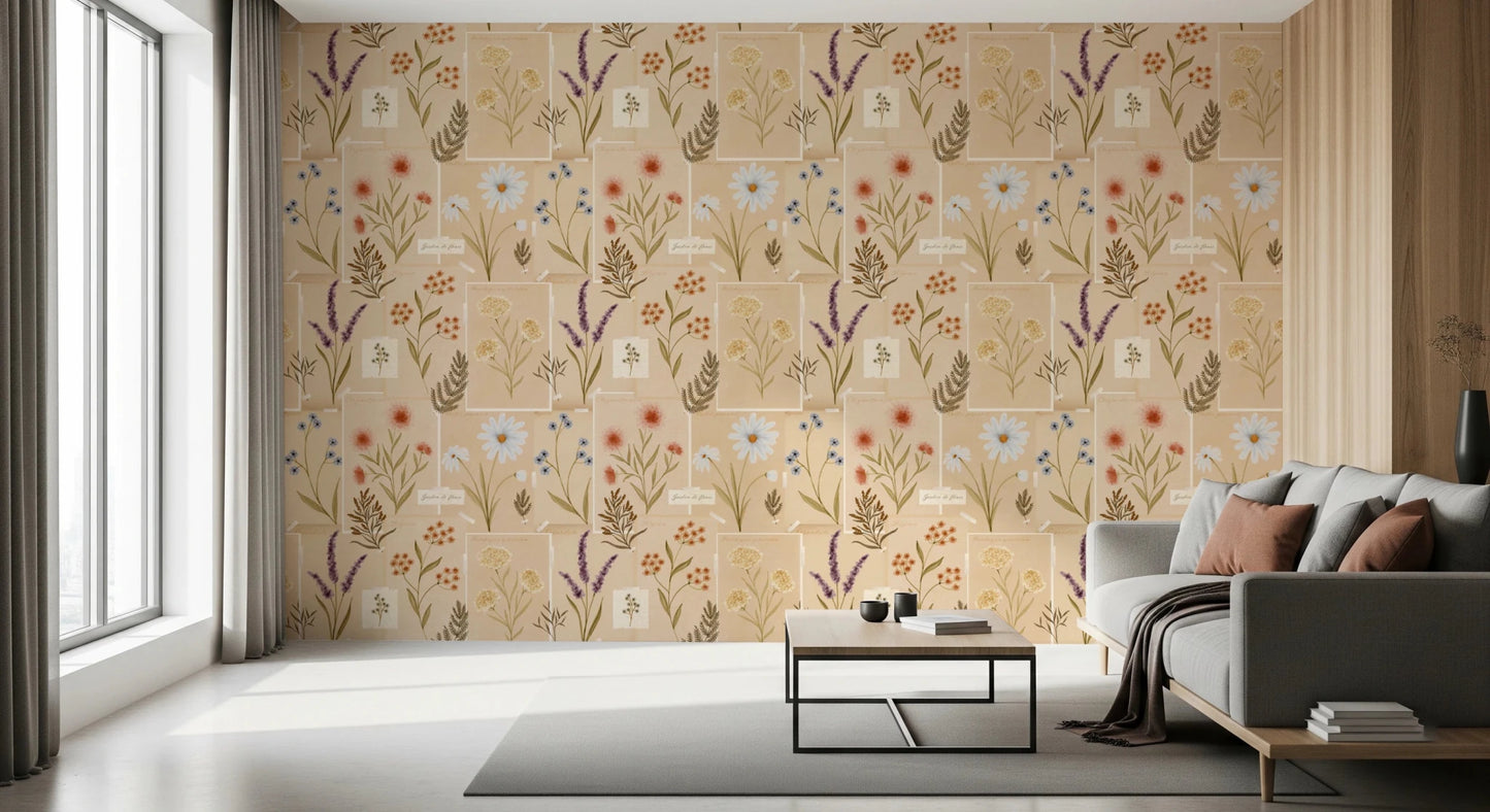 Antique style Jardin des Fleurs Collage Vintage Wallpaper details.