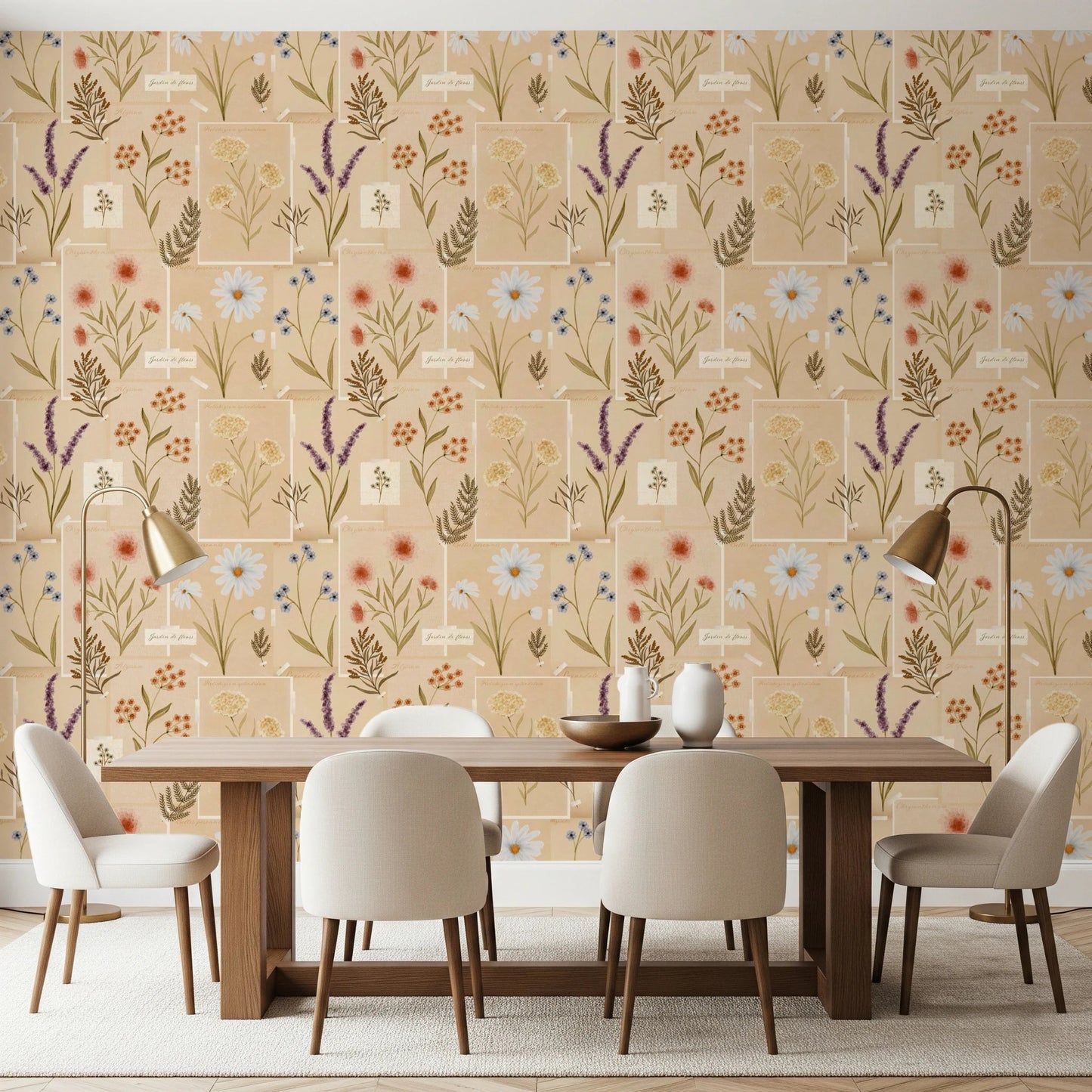 Muted floral Jardin des Fleurs Collage Vintage Wallpaper design.