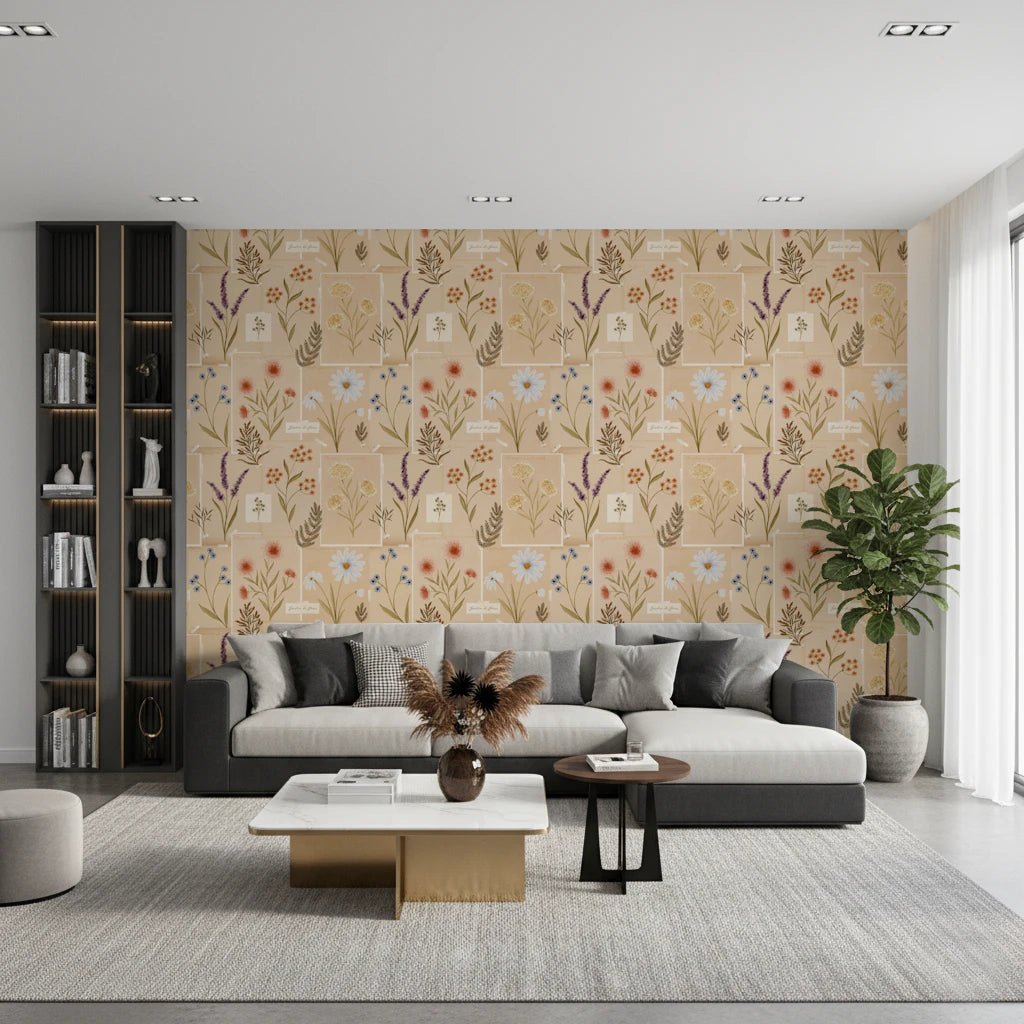 Jardin des Fleurs Collage Vintage Wallpaper with fern leaf motifs.