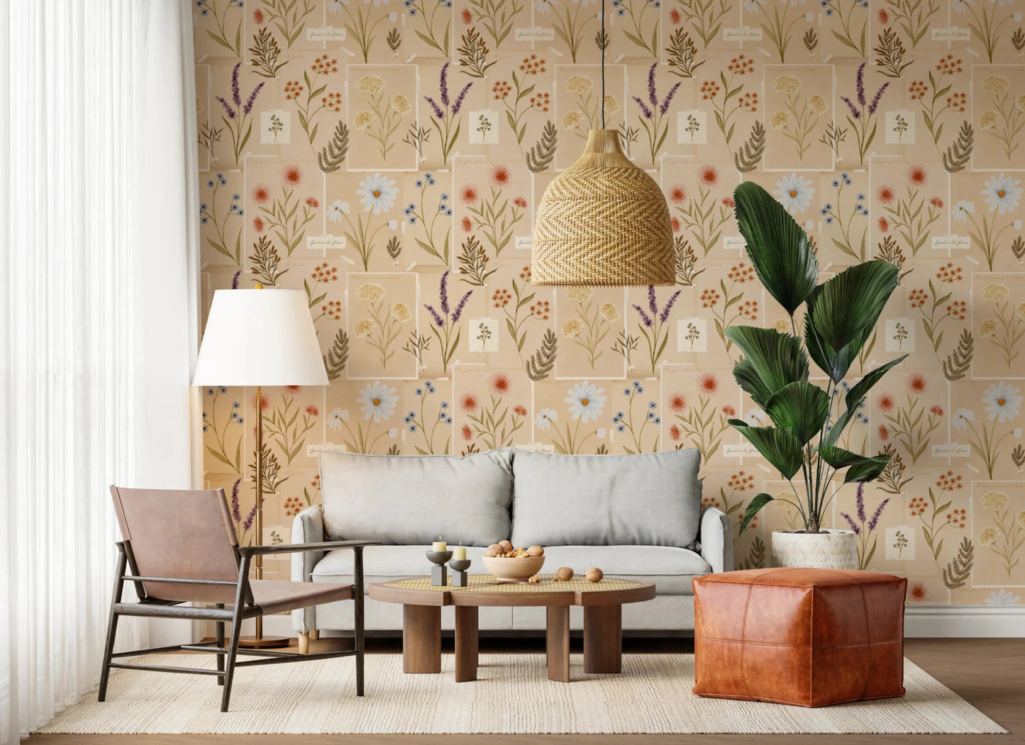 Soft orange and purple Jardin des Fleurs Collage Vintage Wallpaper.