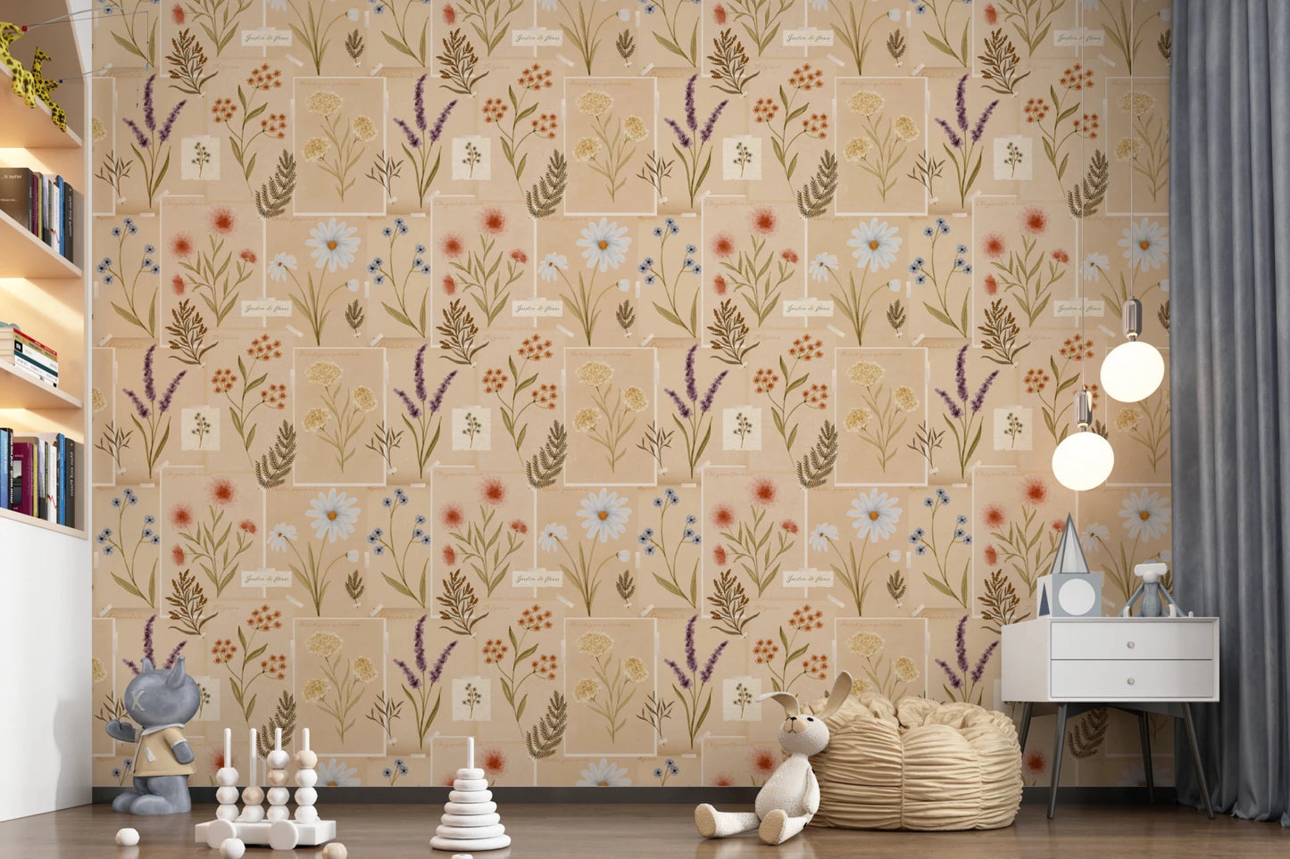 Jardin des Fleurs Collage Vintage Wallpaper featuring garden blooms.
