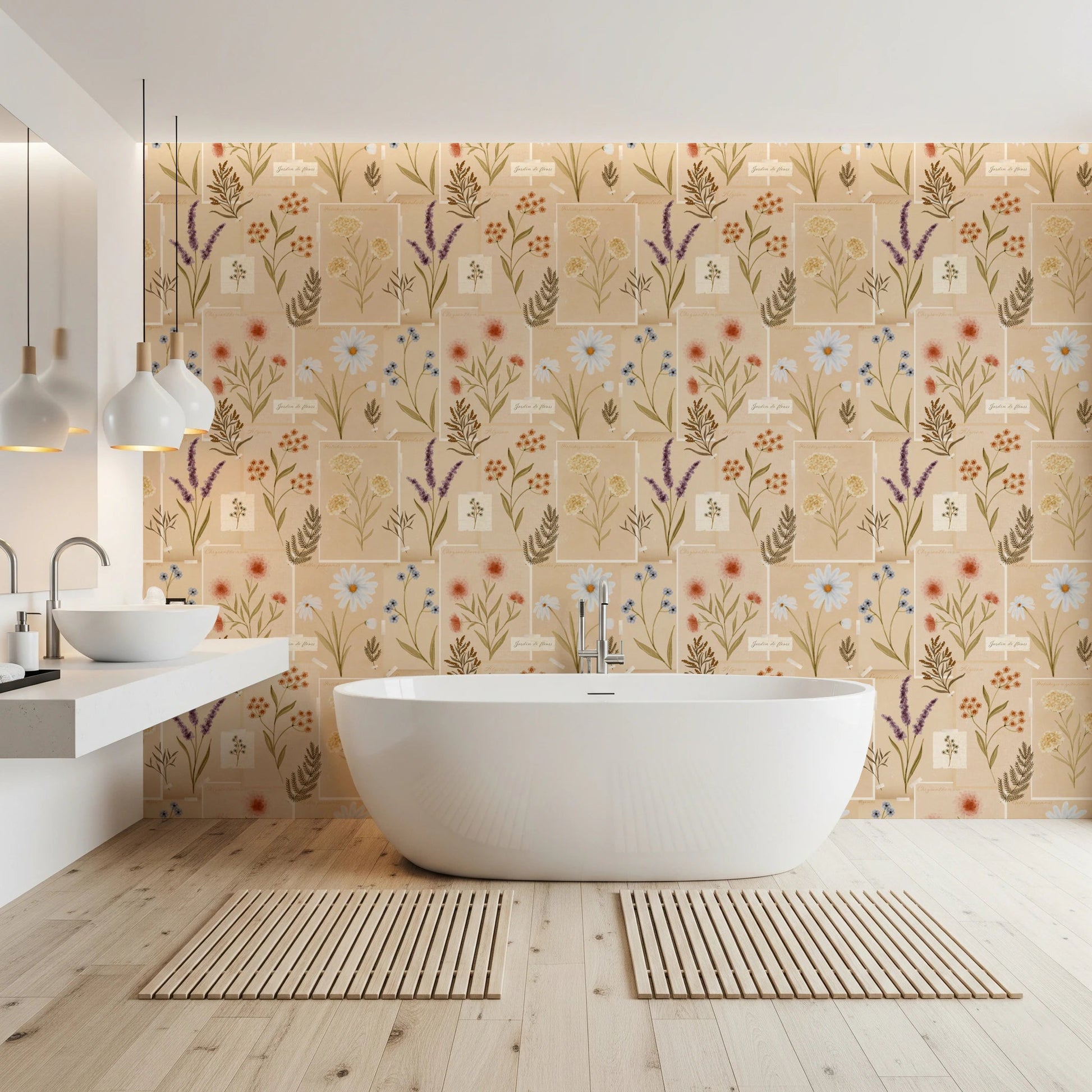 Jardin des Fleurs Collage Vintage Wallpaper with botanical labels.
