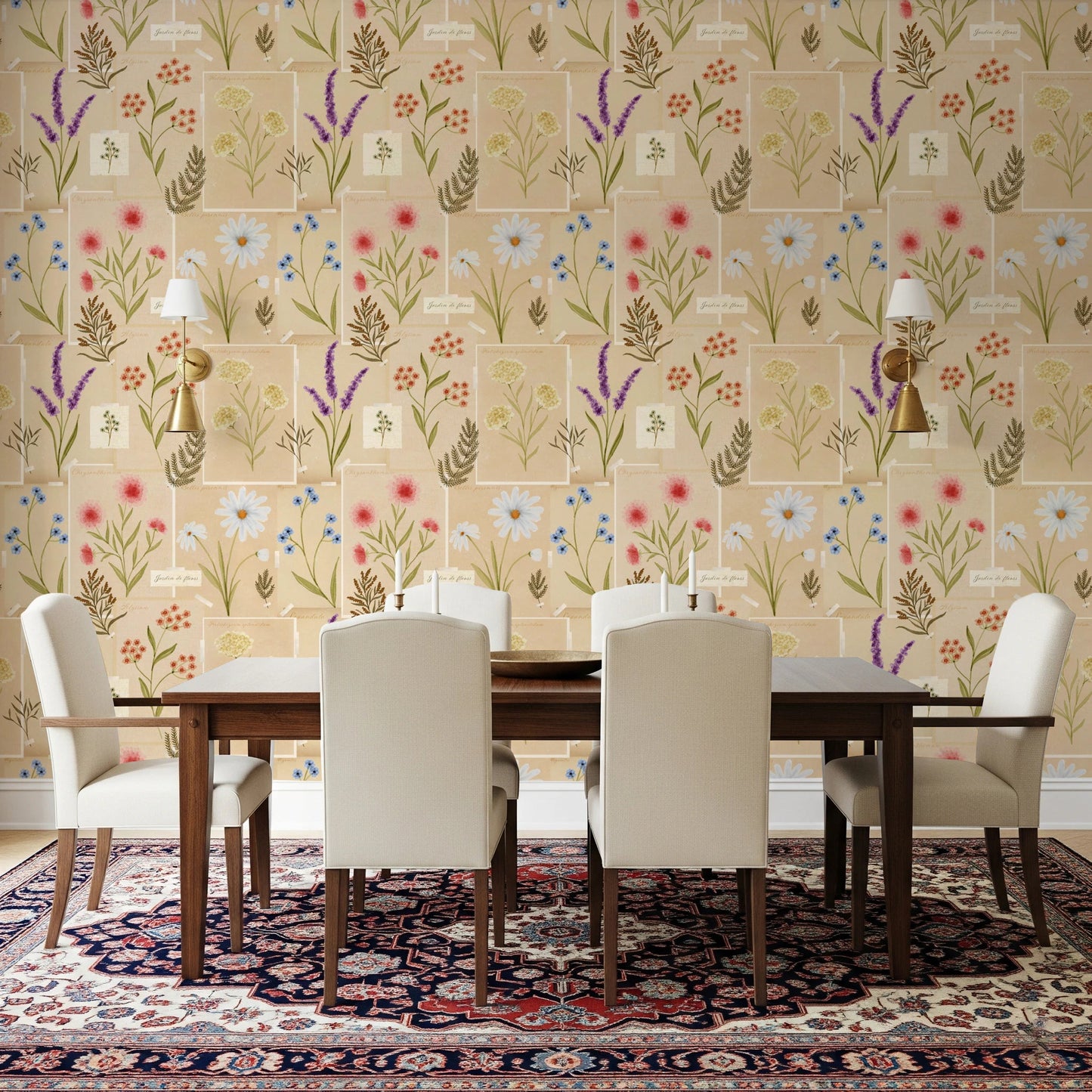 Dining room setup with Jardin des Fleurs collage wallpaper and plant sketches