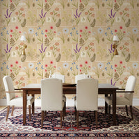 Dining room setup with Jardin des Fleurs collage wallpaper and plant sketches