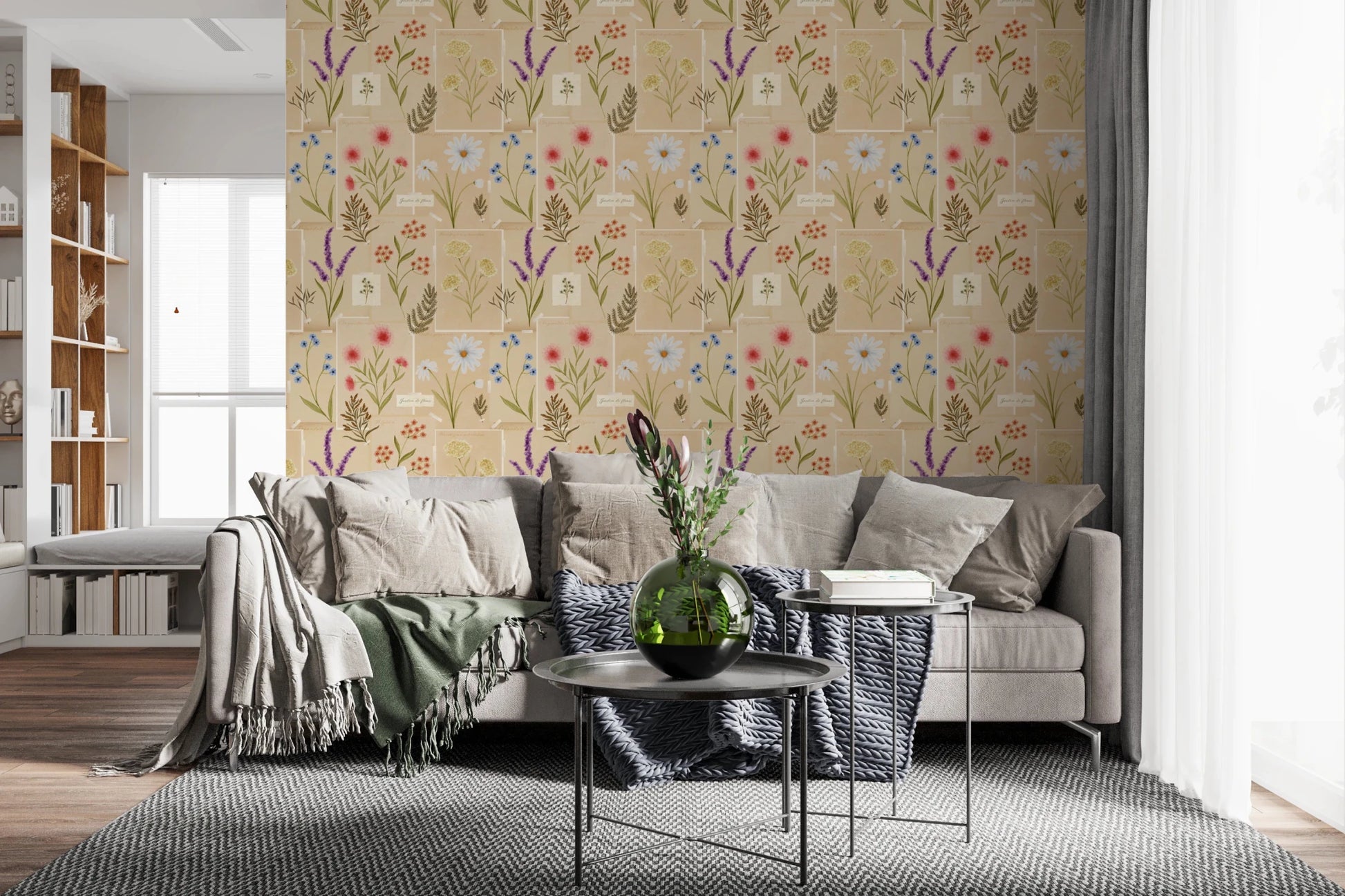 Living space enhanced by Jardin des Fleurs collage wallpaper soft floral mix