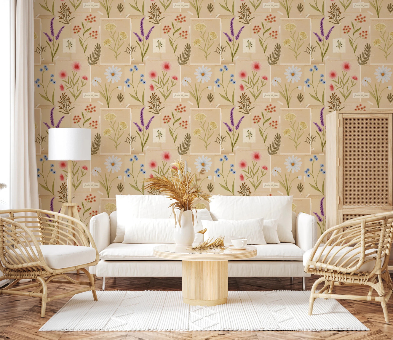 Jardin des Fleurs collage wallpaper adds soft florals to living room 