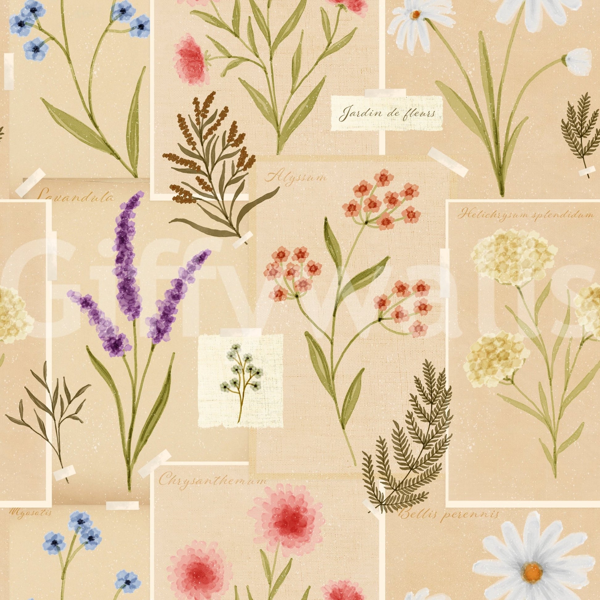 Floral collage wallpaper with soft pastel botanical illustrations