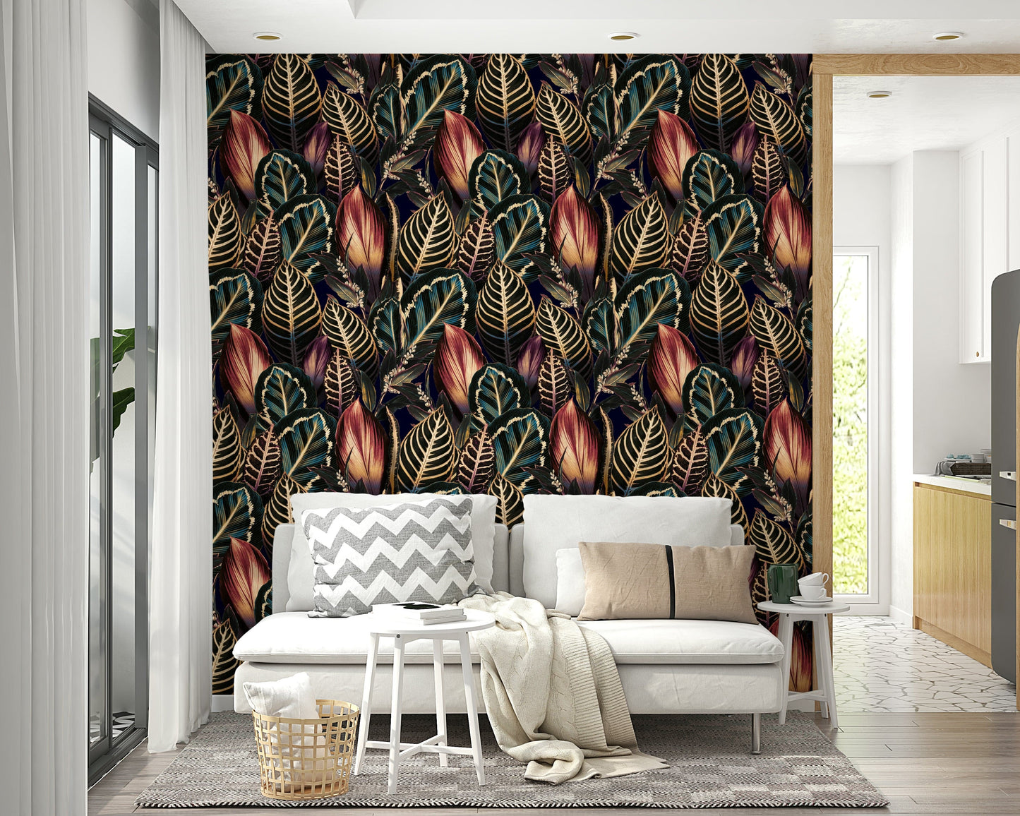 Dark Moon Leaves Wallpaper on a living room wall

