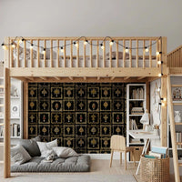 A moody master Loft Bedroom utilizes the dark jeweled baroque wall mural behind the bed.