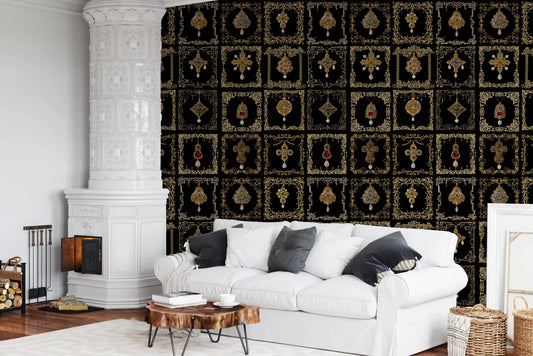 The jeweled baroque elegance wall mural adds luxury to a living room feature wall.