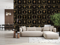 Incorporate the repeating jeweled baroque wall mural pattern into an eclectic Entryway.