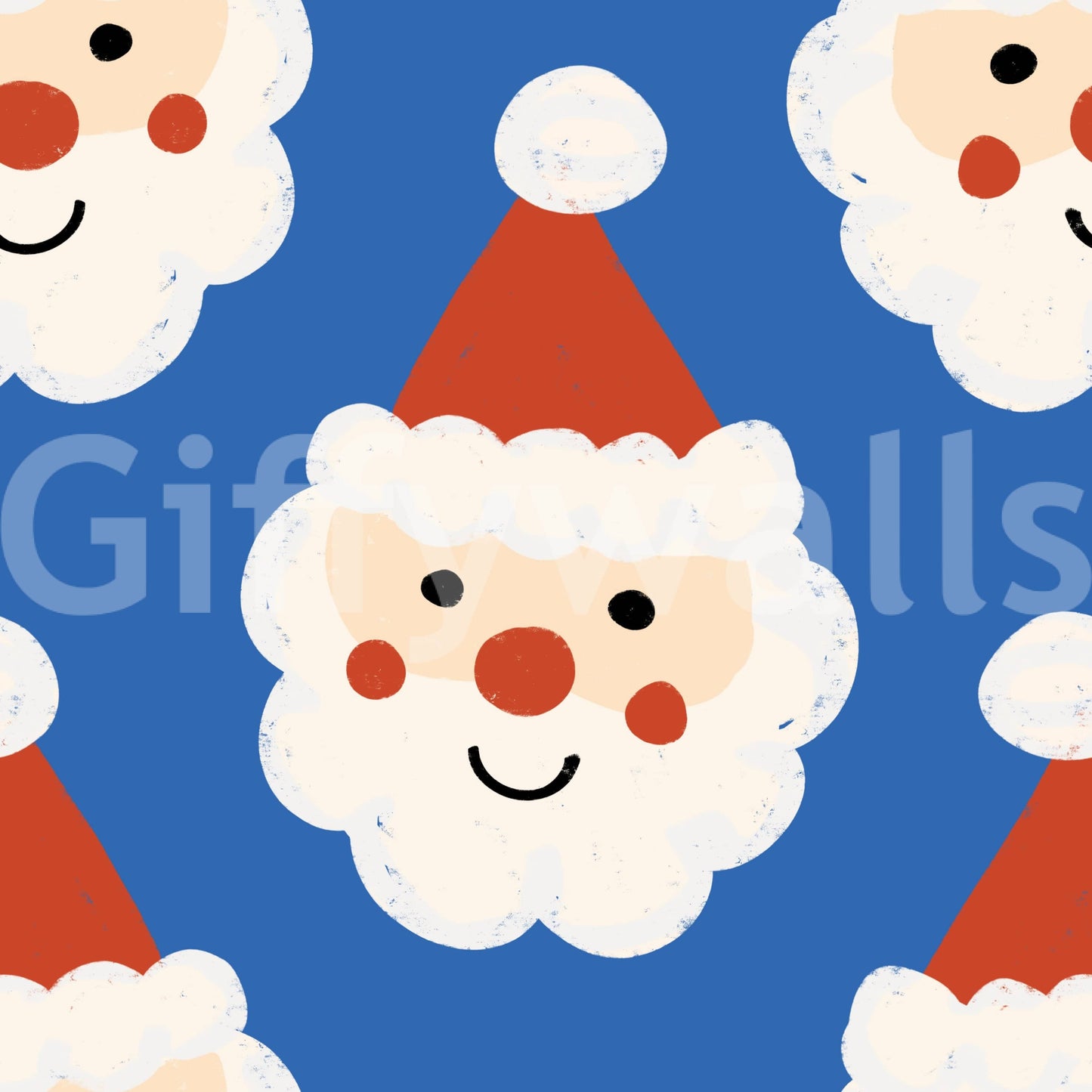 Christmas-themed wallpaper with adorable Santa characters repeating across a blue background.