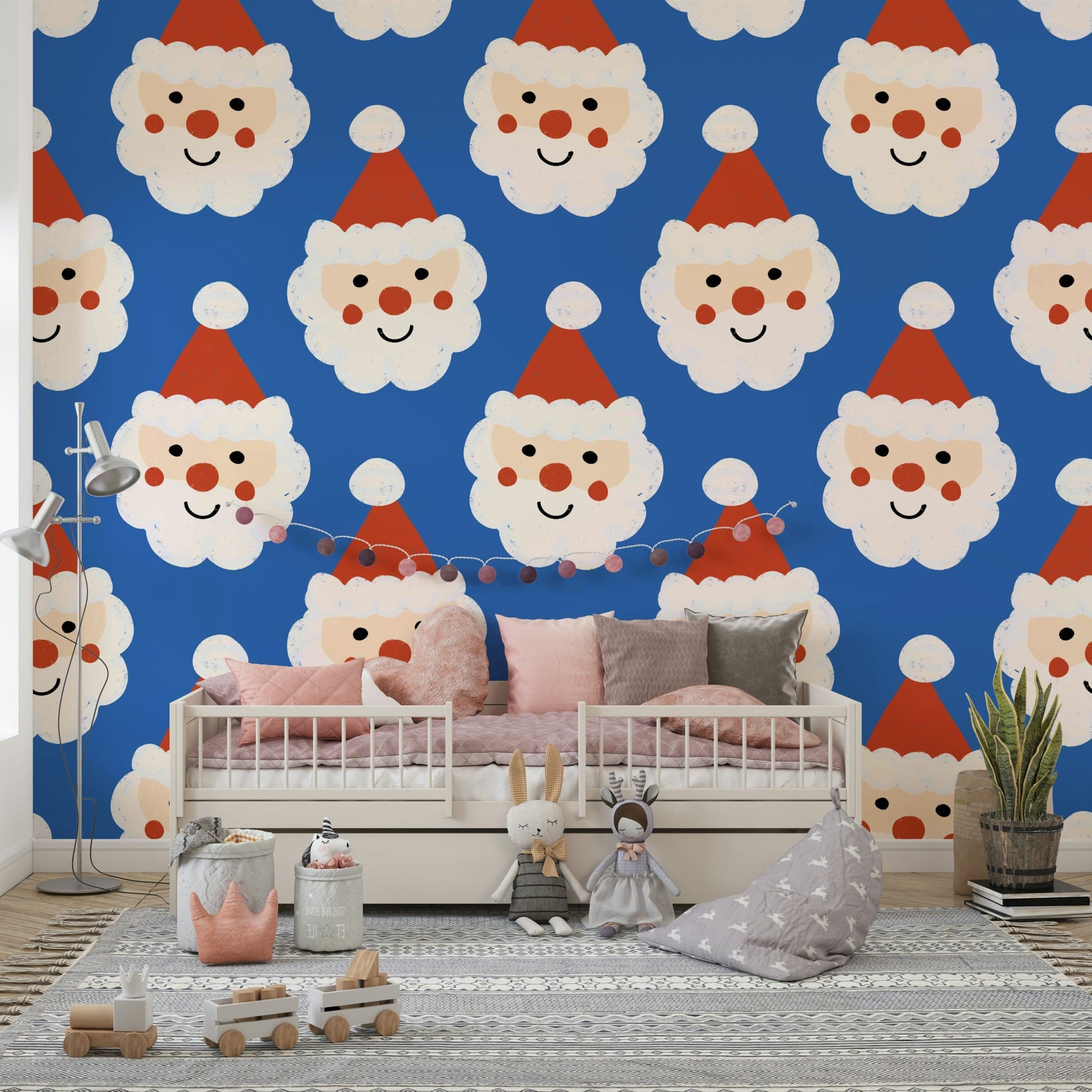 A bright blue holiday wallpaper with smiling Santa illustrations arranged in neat rows.
