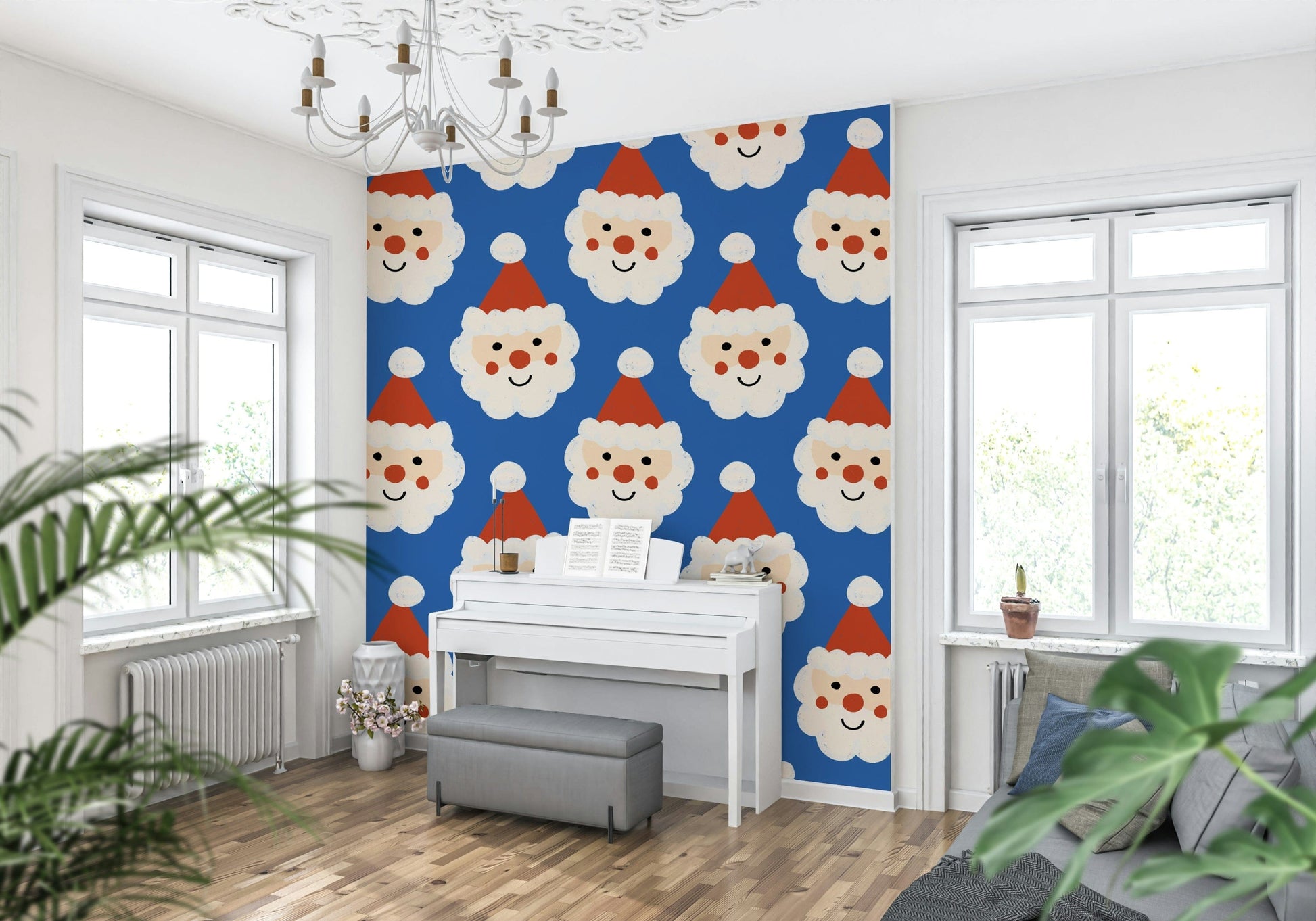 Repeating cartoon Santa faces on a vibrant blue wallpaper for a fun holiday look.