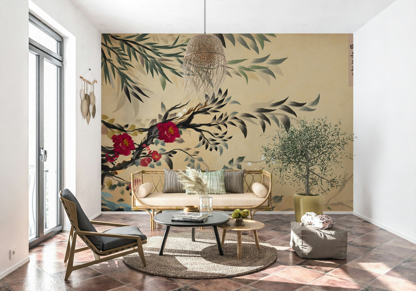 Cultural wall art depicting classic Korean floral folk painting designs