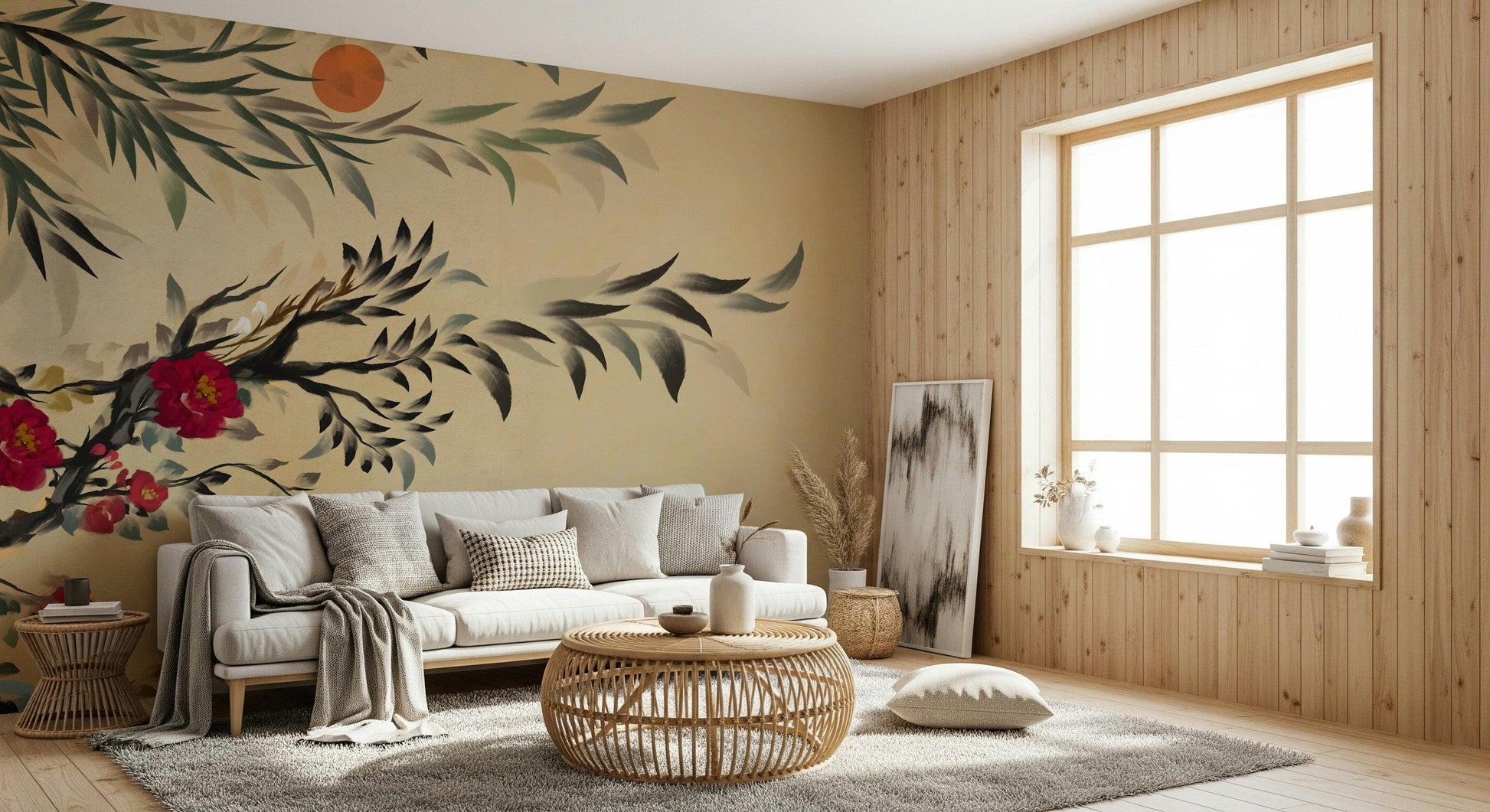 Elegant wall mural featuring traditional Joseon-style floral folk painting