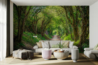 A bedroom with the forest mural behind the headboard.


