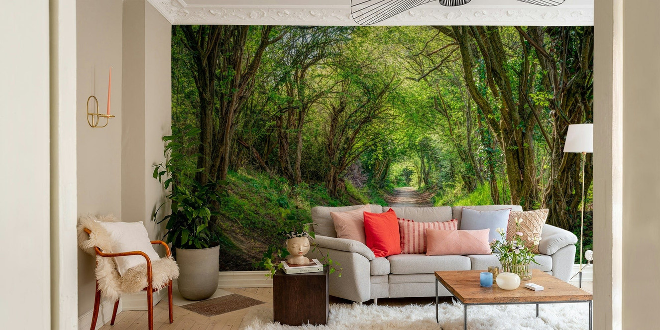A contemporary living room with a large forest wall mural.

