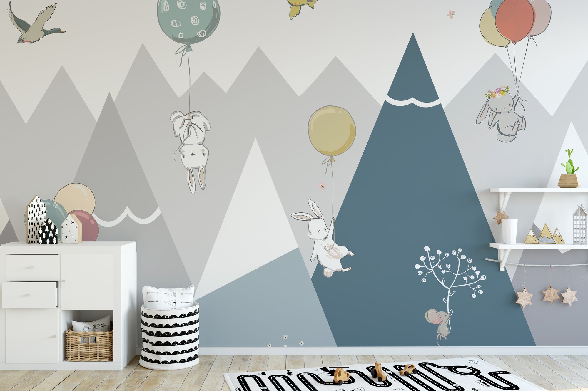 Jovial Rabbits Flying wallpaper mural shown as a full feature wall that highlights the design