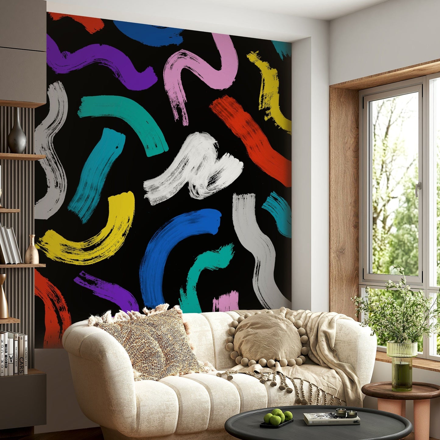 Modern Abstract Brushstroke Wallpaper – Contemporary wall mural with expressive multicolor brushstroke patterns.