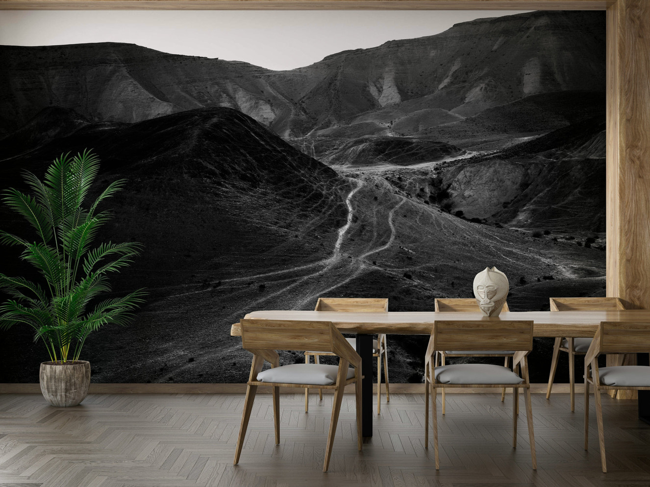An artistic scenic landscape mural on minimalist wallpaper.

