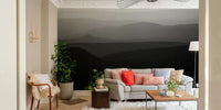 An artistic scenic landscape mural on minimalist wallpaper.

