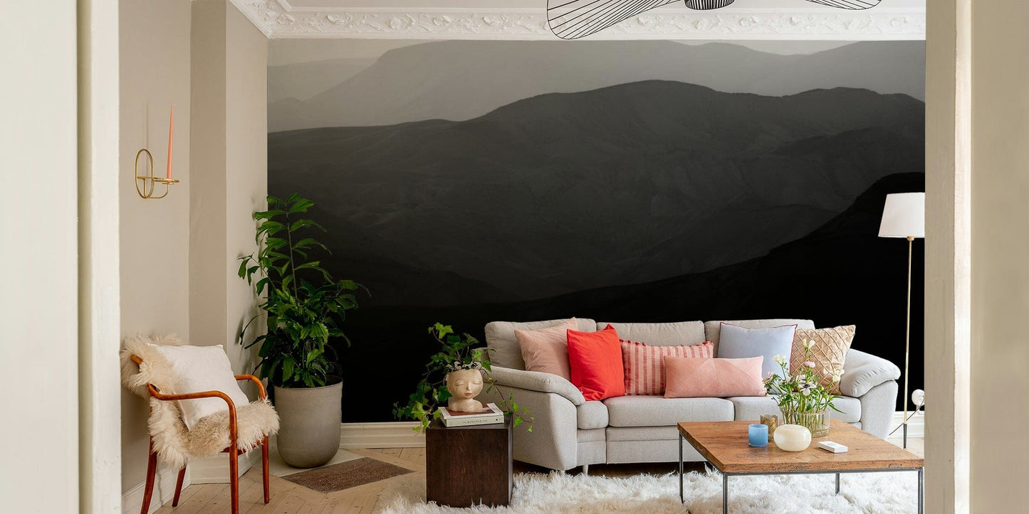 An artistic scenic landscape mural on minimalist wallpaper.

