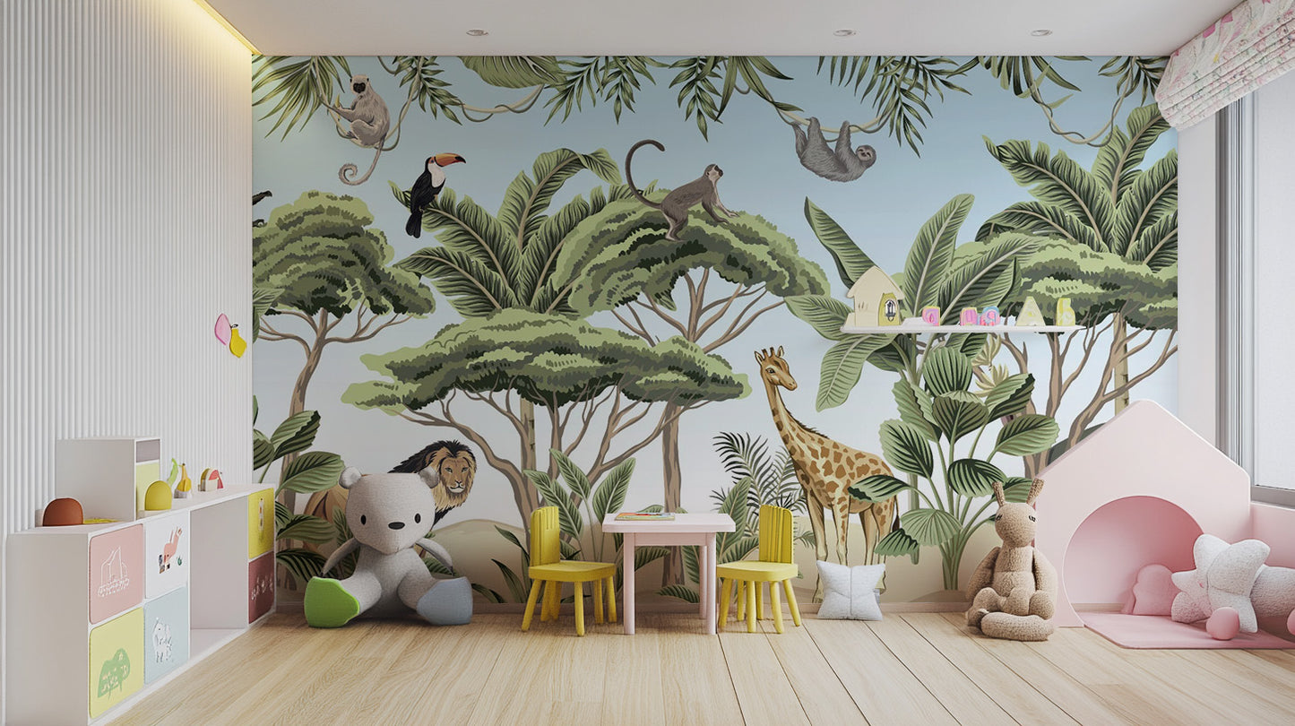 Vibrant jungle animals wallpaper featuring adventurous scenes.