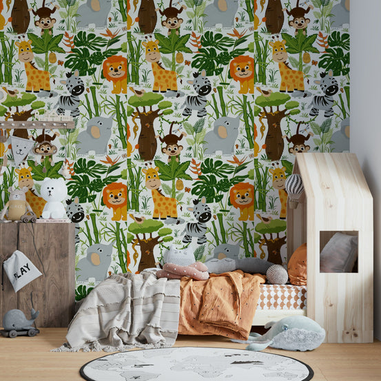 Jungle Friends Adventure wallpaper with cartoon safari animals in a kids room with a wooden house-frame bed