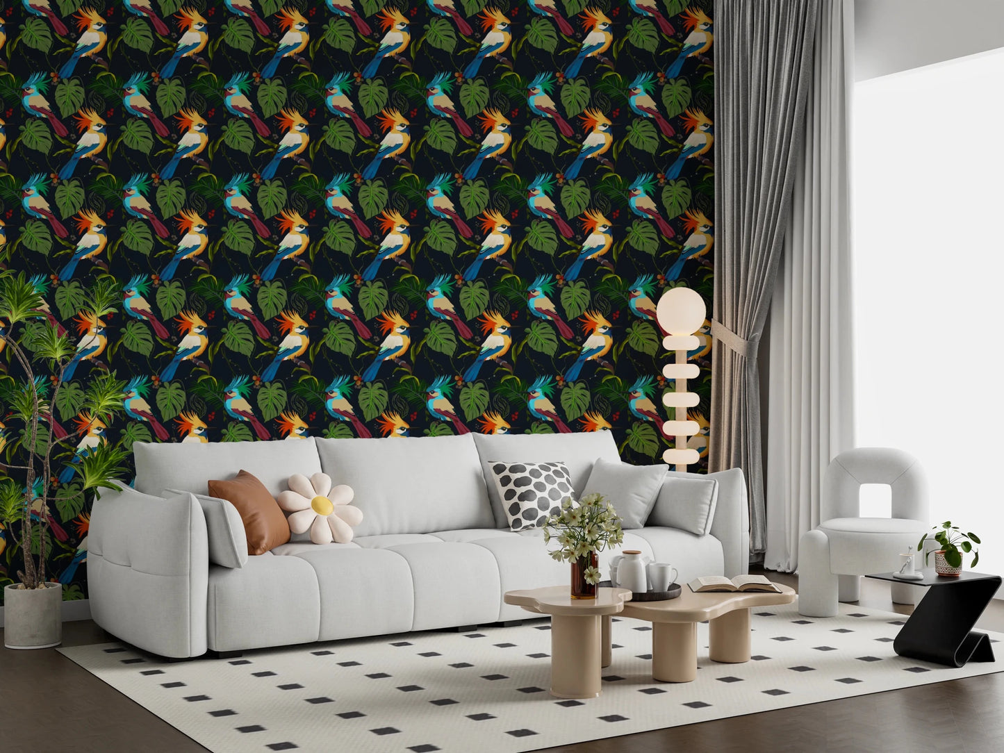 Jungle Birds Exotic Botanical Paradise Wallpaper⁠